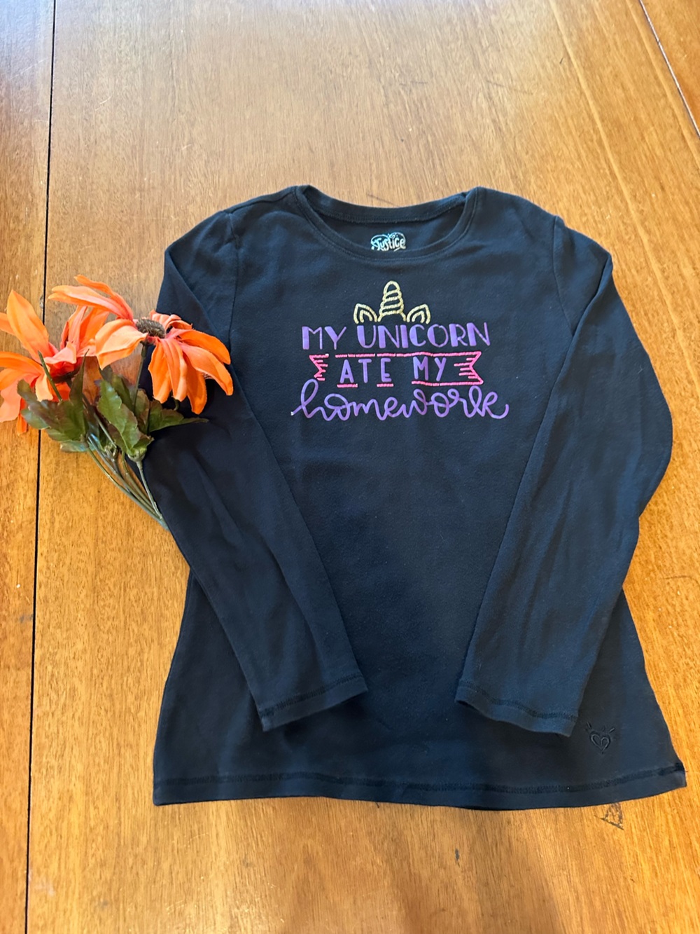 Justice Black Long-Sleeve Tee with Multicolor Unicorn Graphic and Funny Text